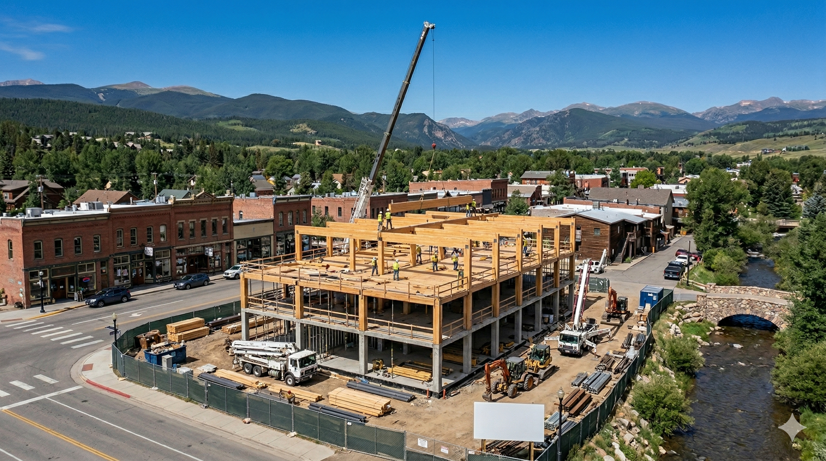Aerial view of a building under construction in a Colorado mountain town
