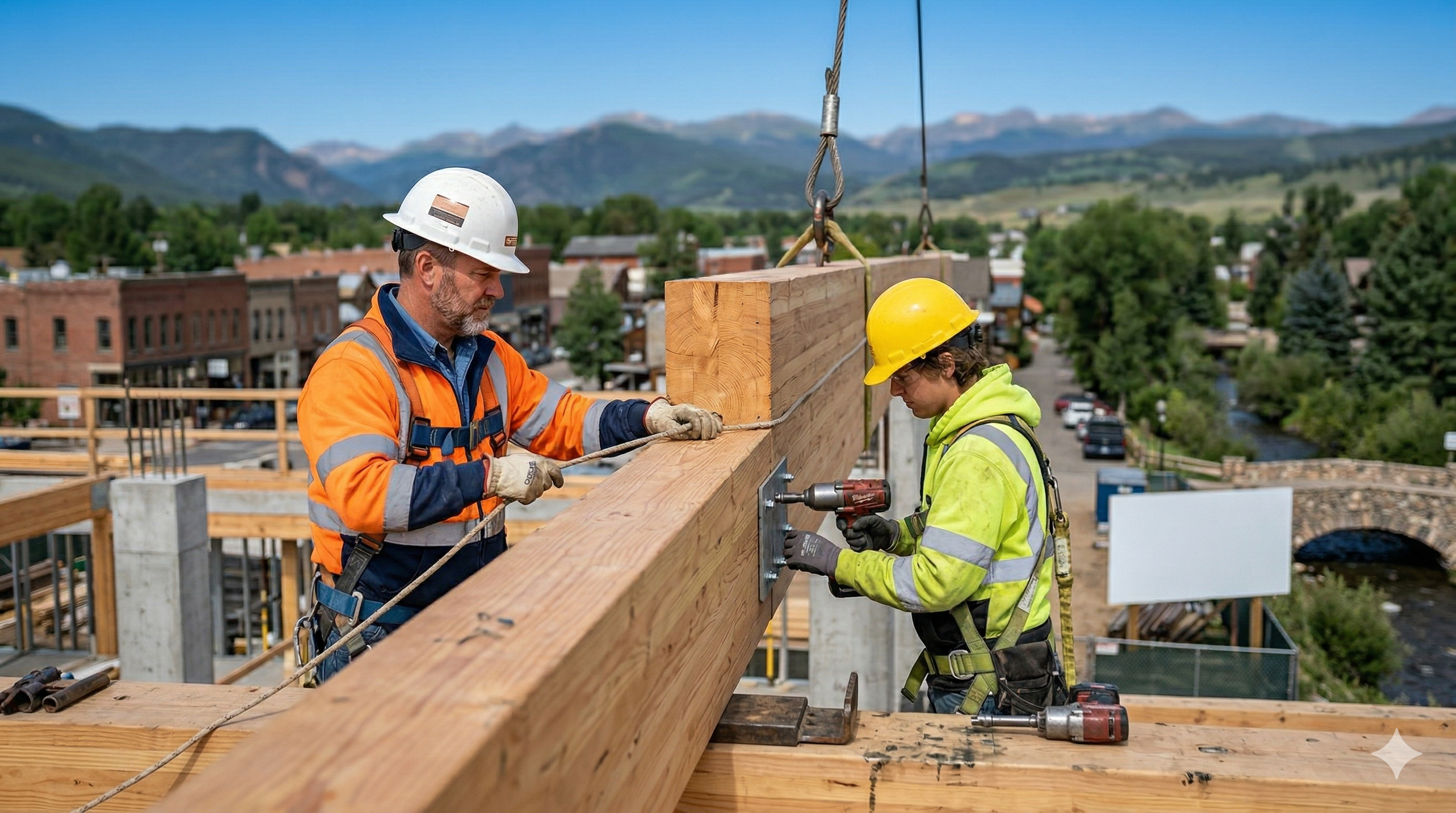 Mountain Ridge crew framing a building with Colorado mountains in the background